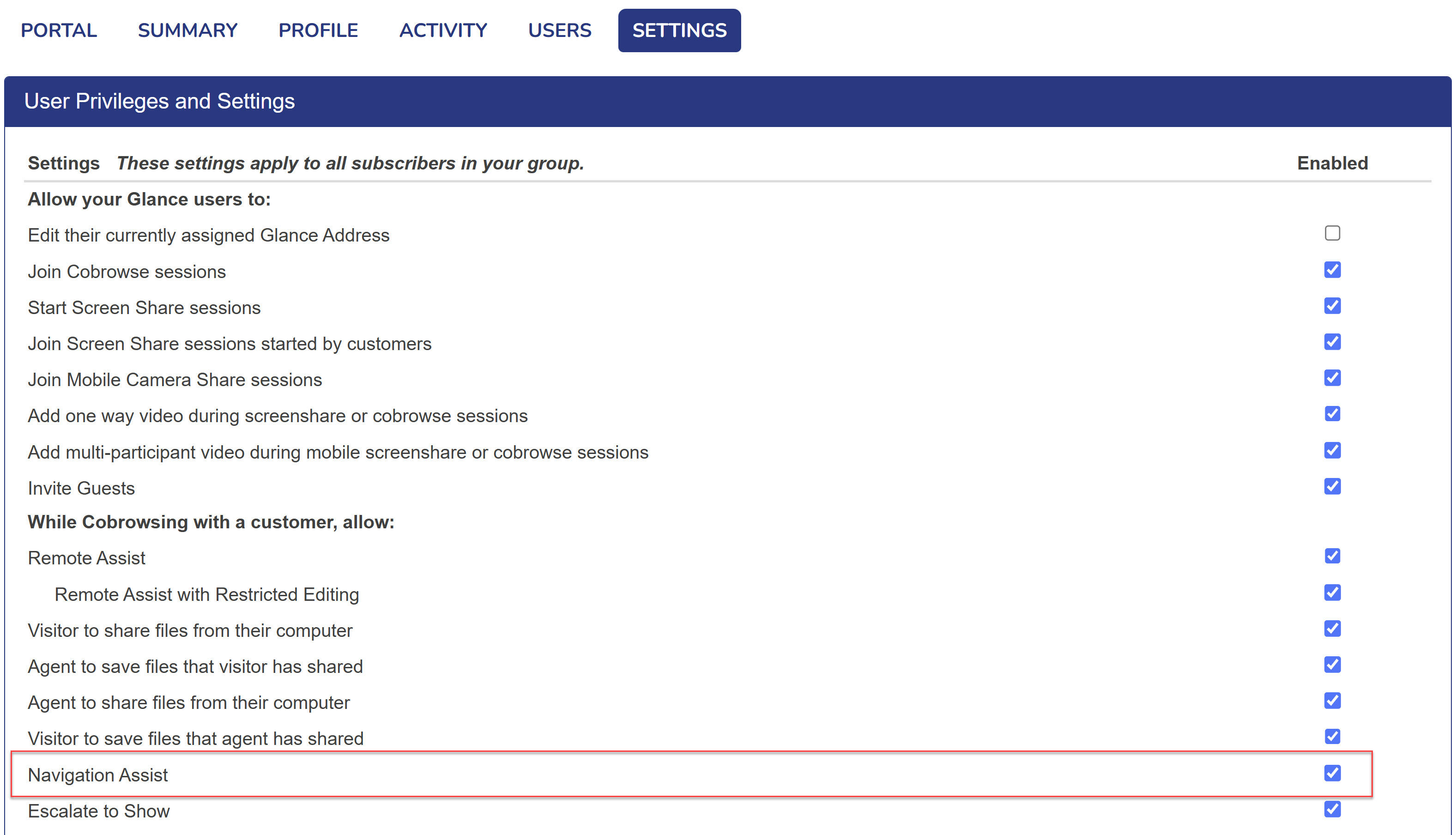 Enable Navigation Assist checkbox