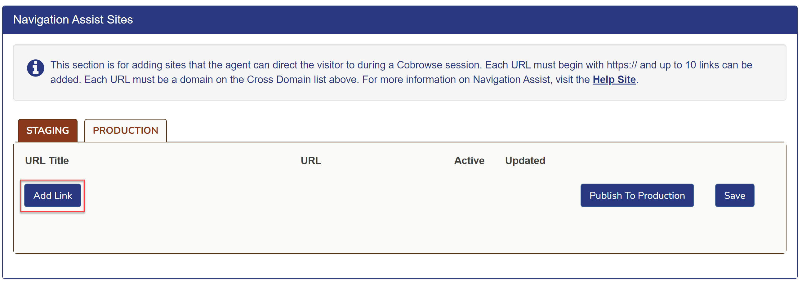 Add Link button for Navigation Assist Sites