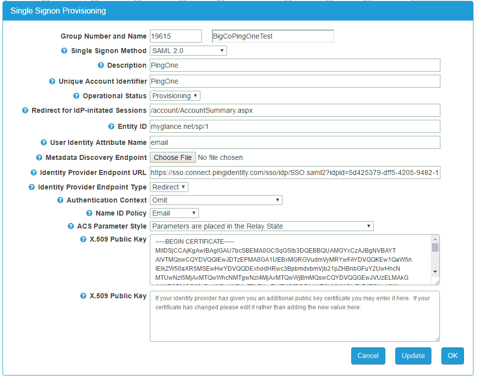 Glance SAML Provisioning screen