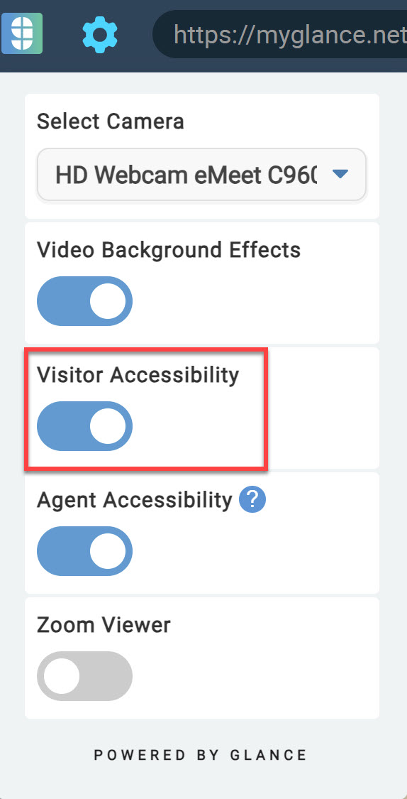 Agent view gear icon and accessibility slider