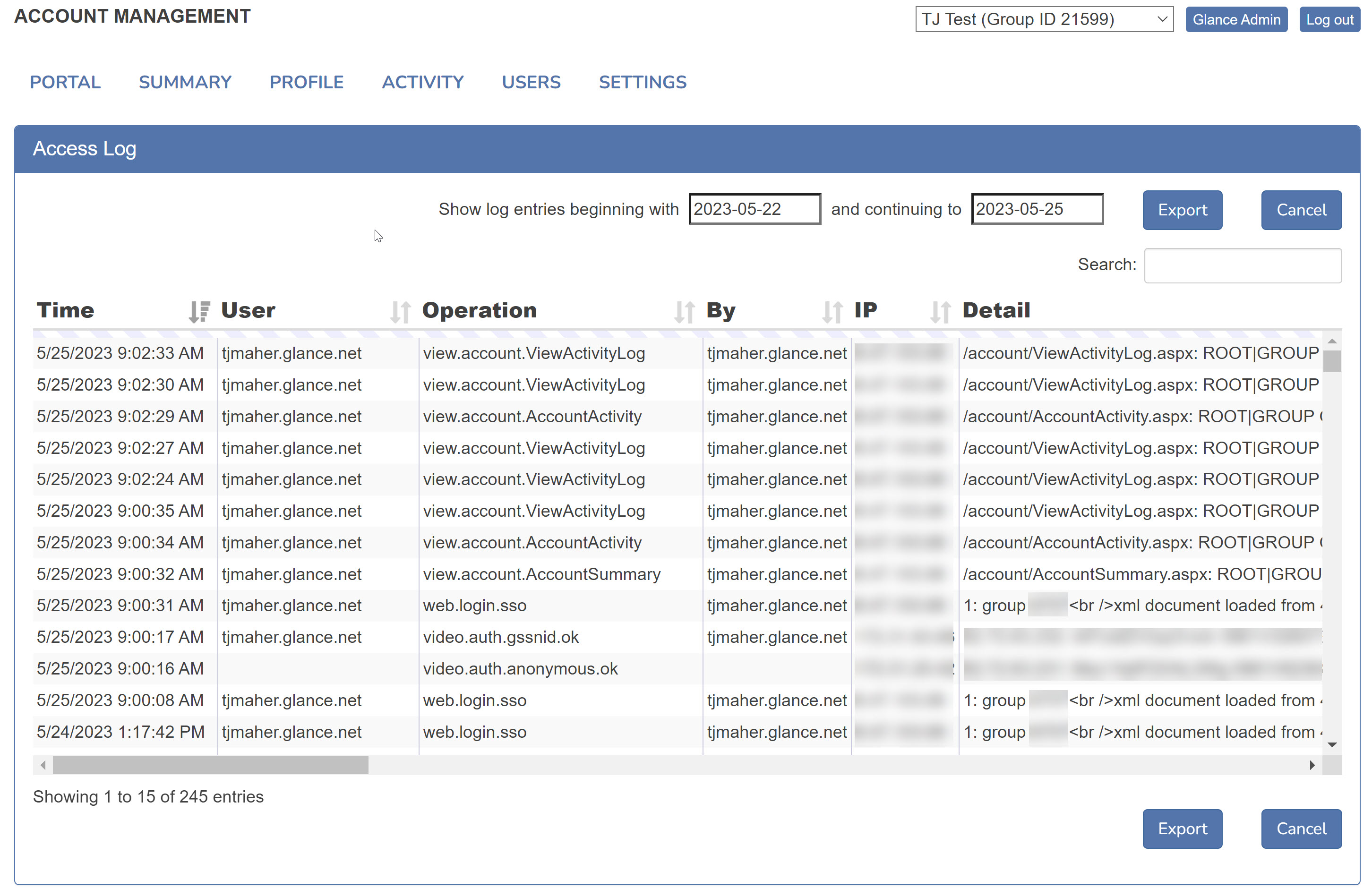 Inputting the date range for Access Logs