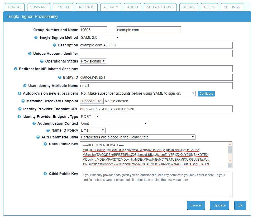 Glance Single Sign-on Settings menu