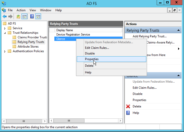 AD FS Management Console Properties box
