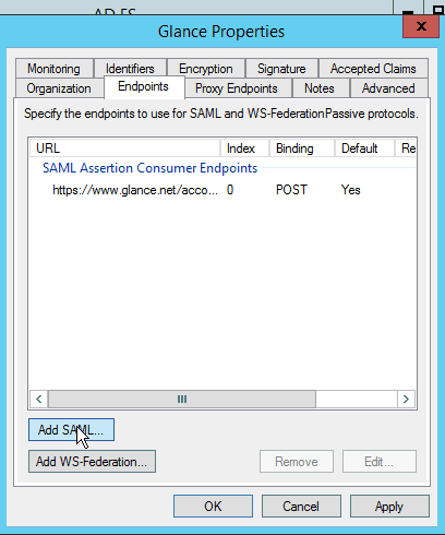 AD FS Endpoints tab Add SAML button