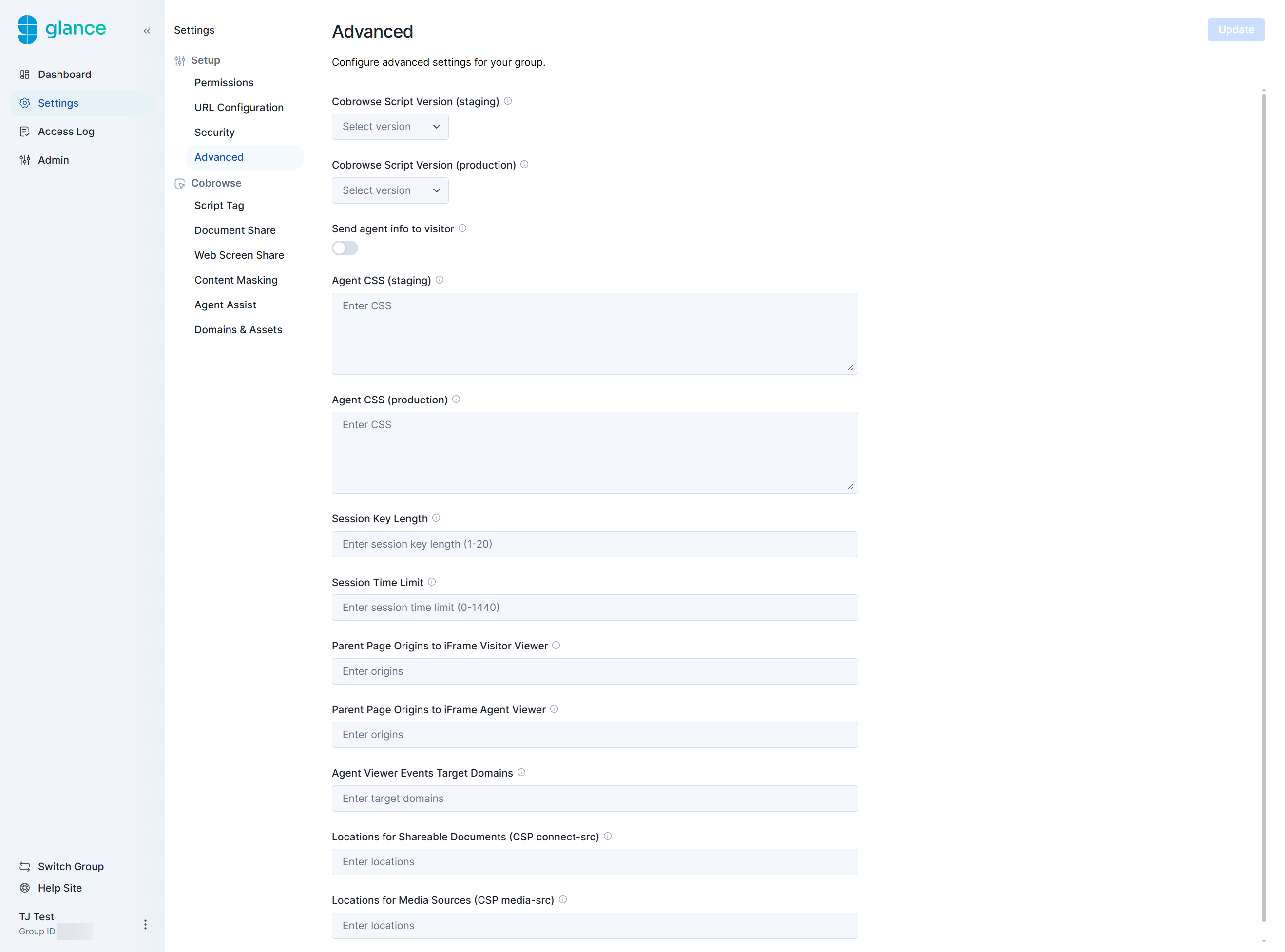 Glance Portal Advanced settings page