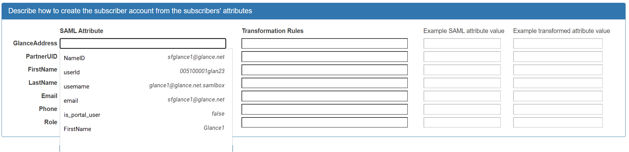 GlanceAddress autocompletion menu populated from SAML assertion