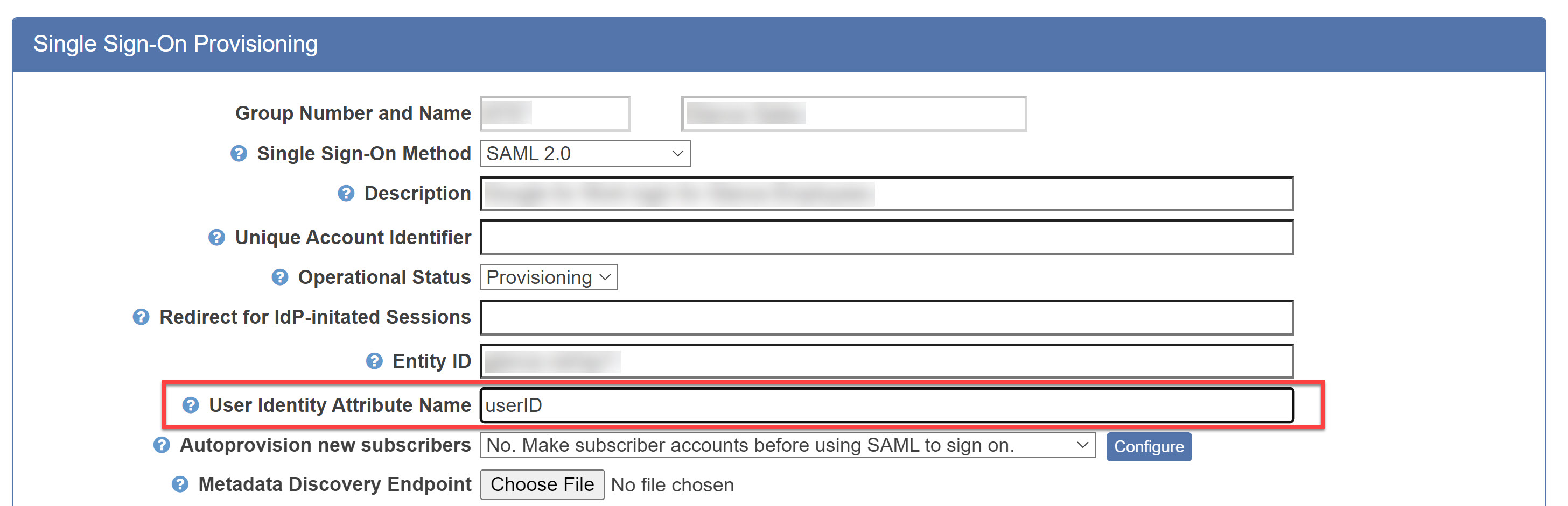 User Identity Attribute Name field mapping