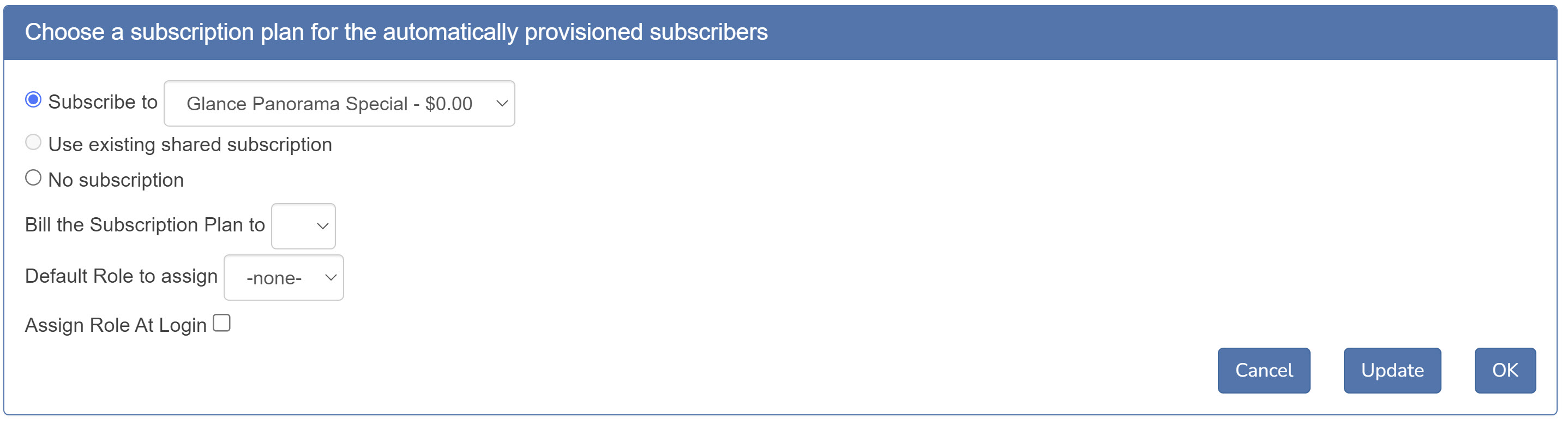 Subscription plan section for automatically provisioned users