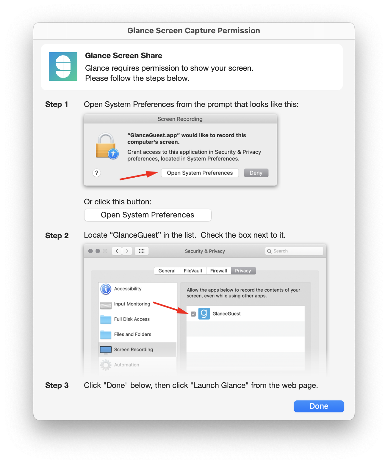 Screen recording permission instructions