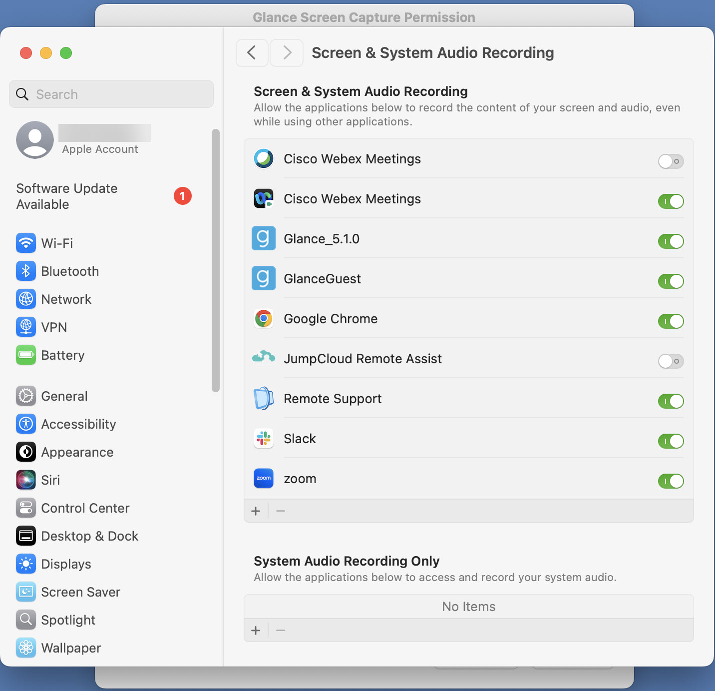 Toggle GlanceGuest screen recording permission