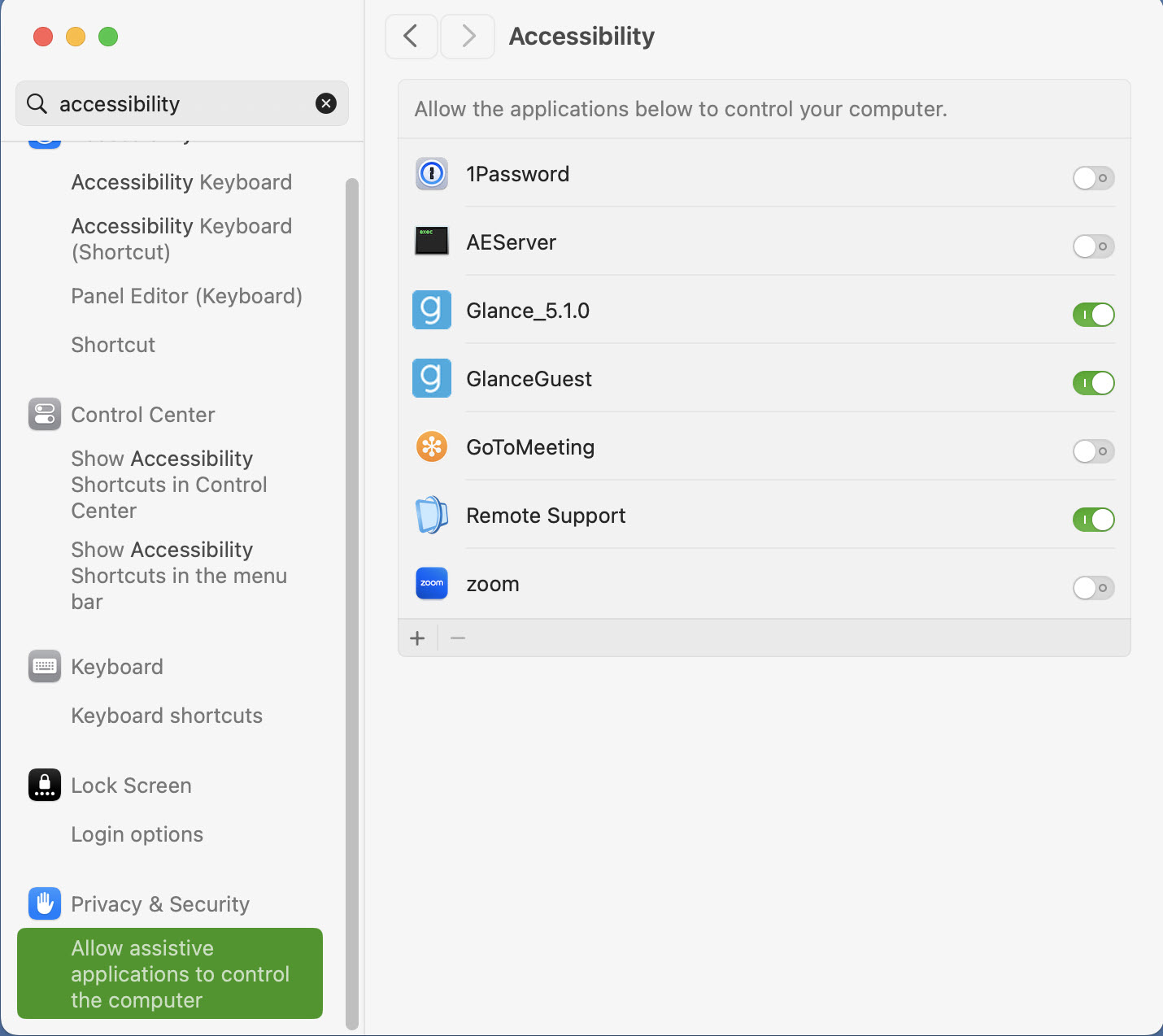 Toggle GlanceGuest accessibility permission