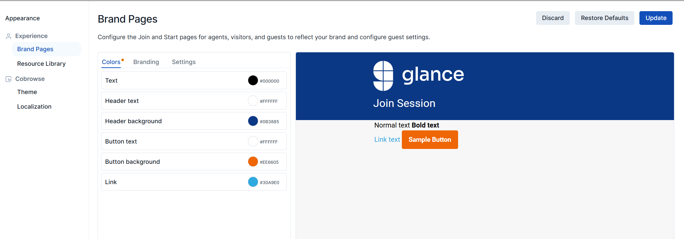 Brand Pages colors configuration