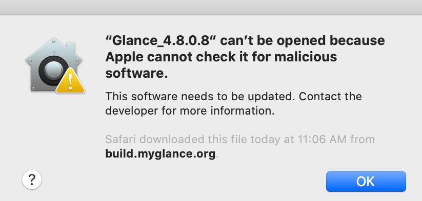 Mac warning that GlanceGuest cannot be opened