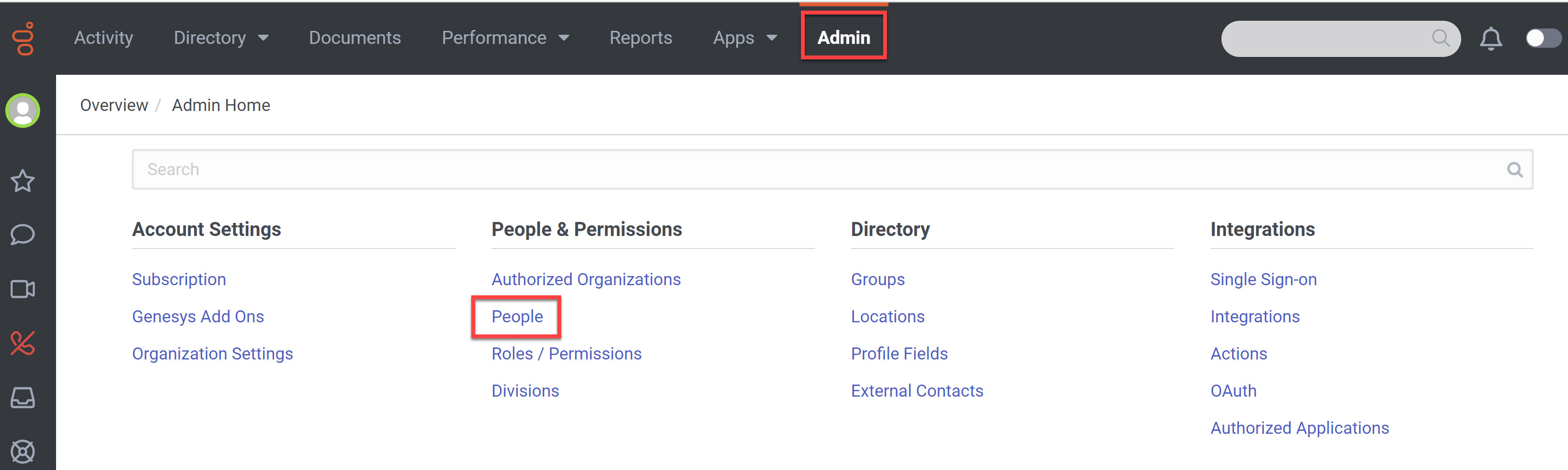 Admin People and Permissions menu in Genesys Cloud CX