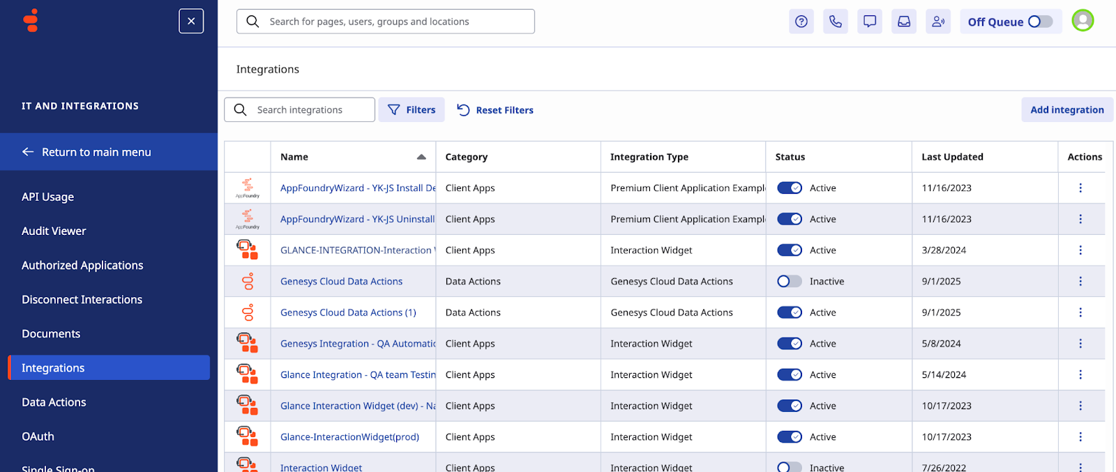 Add integration in Genesys Cloud CX IT and Integrations menu
