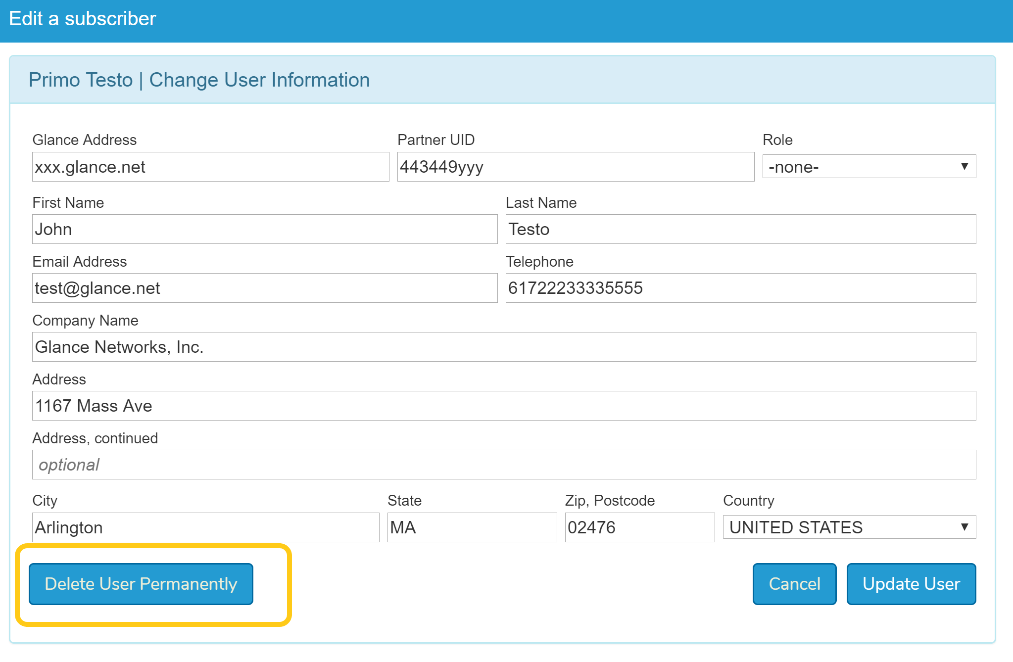 Delete User Permanently button