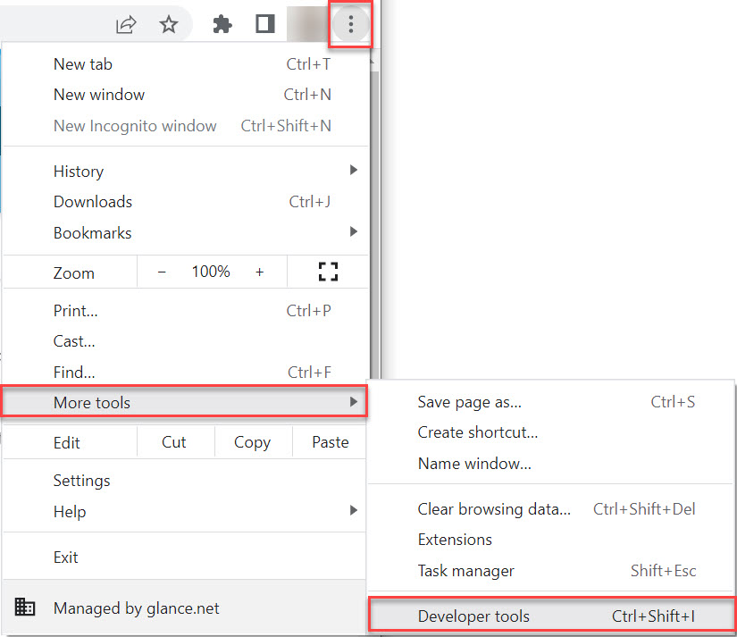 Chrome Developer Tools menu