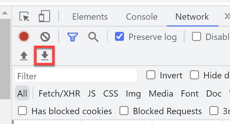 Chrome export HAR file button