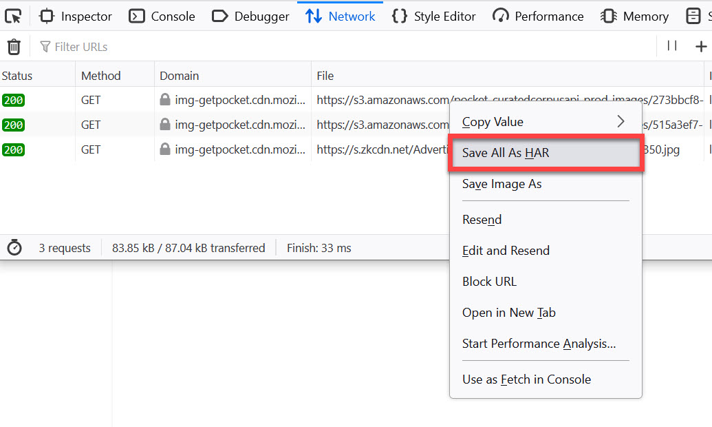 Firefox save all as HAR option