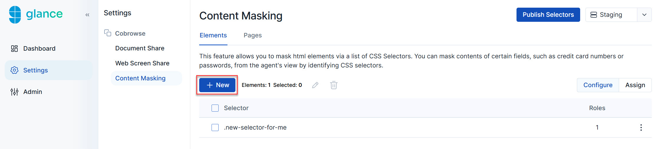 Content Masking Elements page in Portal
