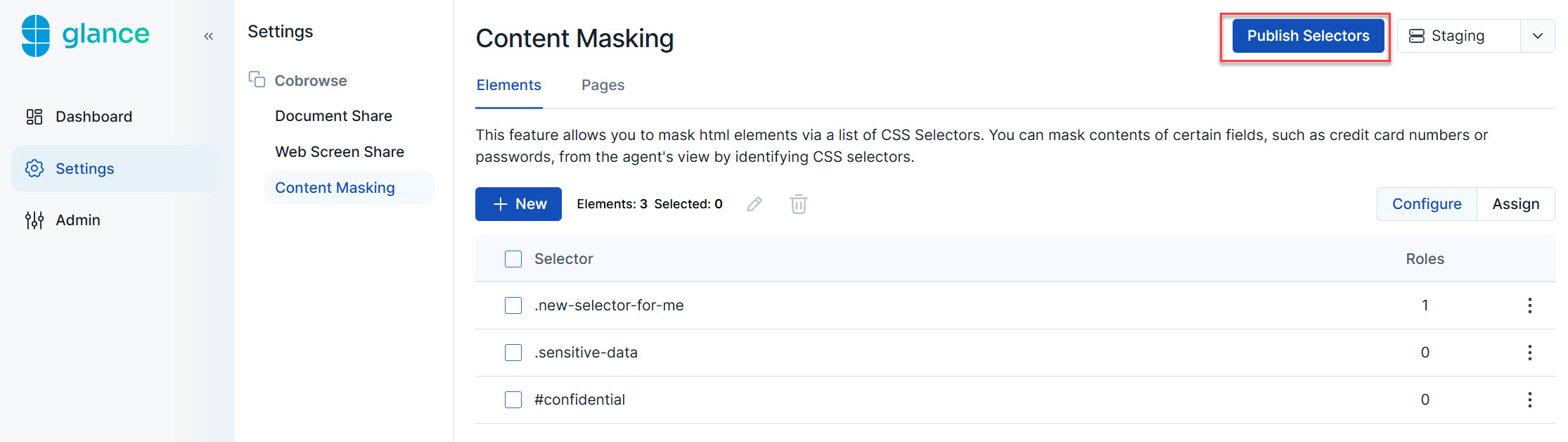 Publish Selectors button for Content Masking