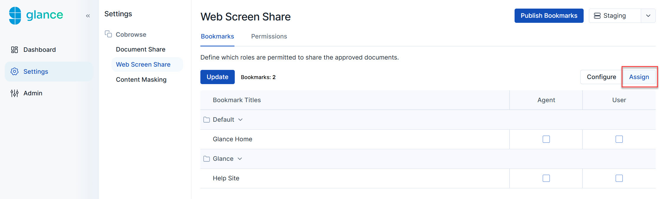 Assign tab for role-based bookmark access