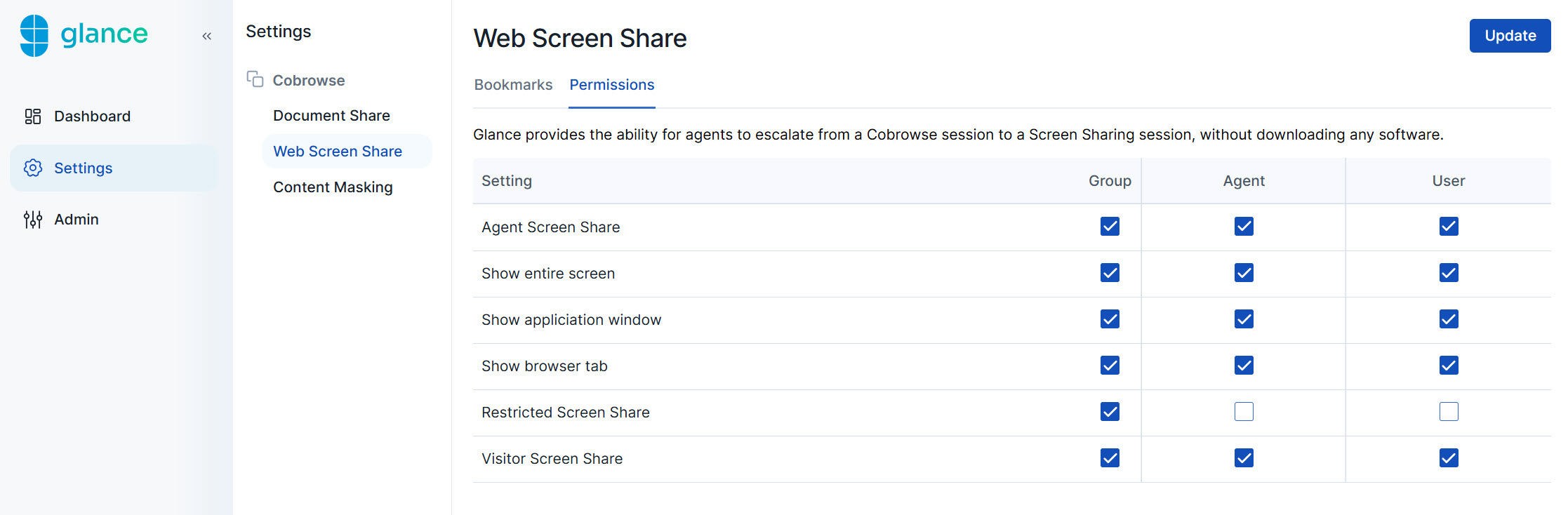 Web Screen Share permissions tab in the Portal