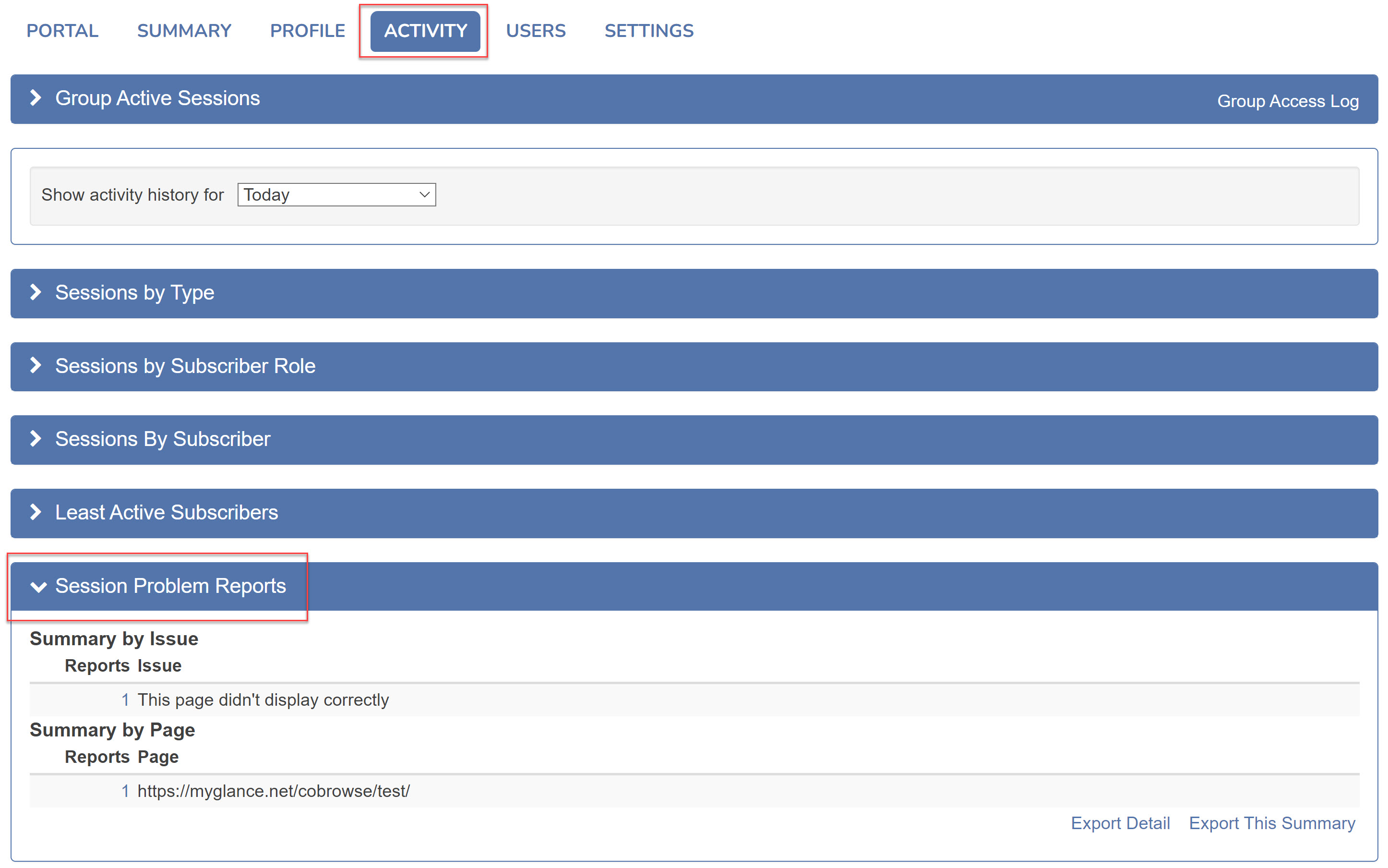 Session Problem Reports activity view
