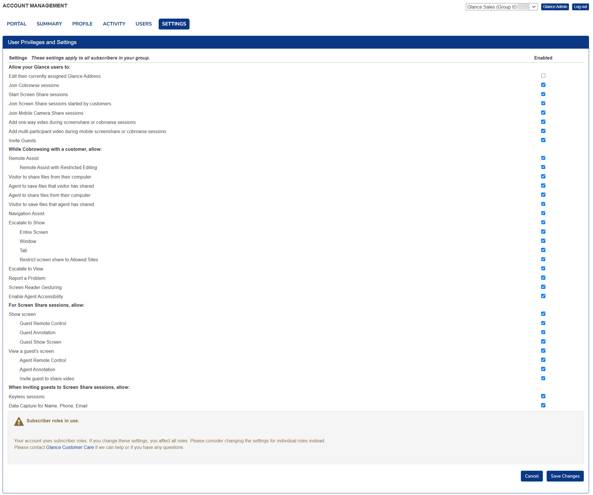 Glance Settings Tab