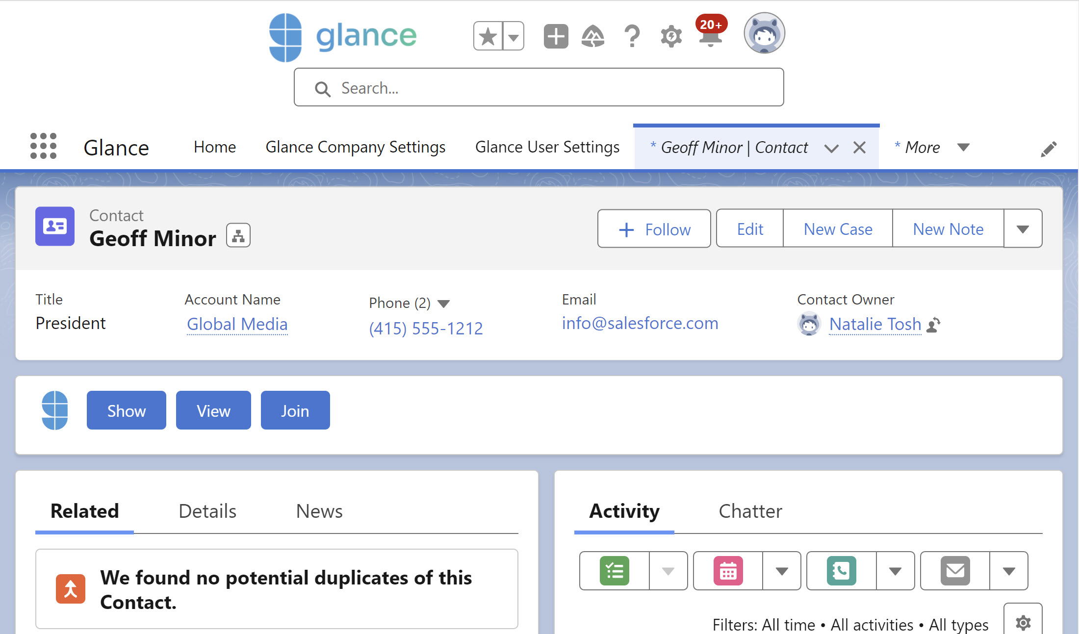 Glance Buttons highlighted on a Salesforce Lightning Record Page