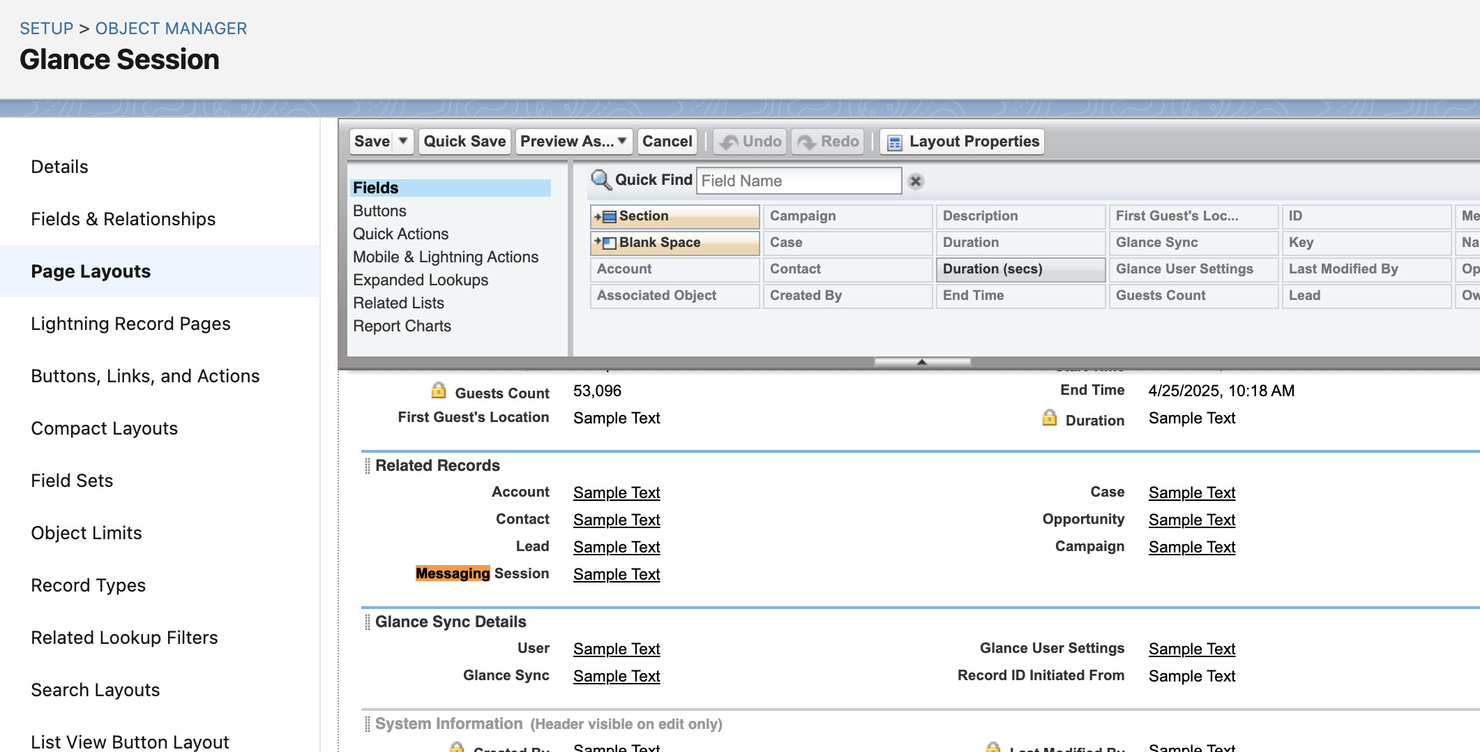 Salesforce Page Layout Editor showing the Messaging Session field in the Related Records section