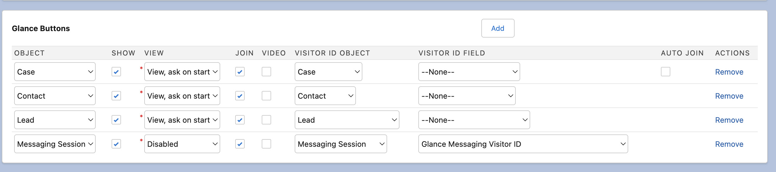 Glance Company Settings showing the configured Glance Buttons for Messaging Session