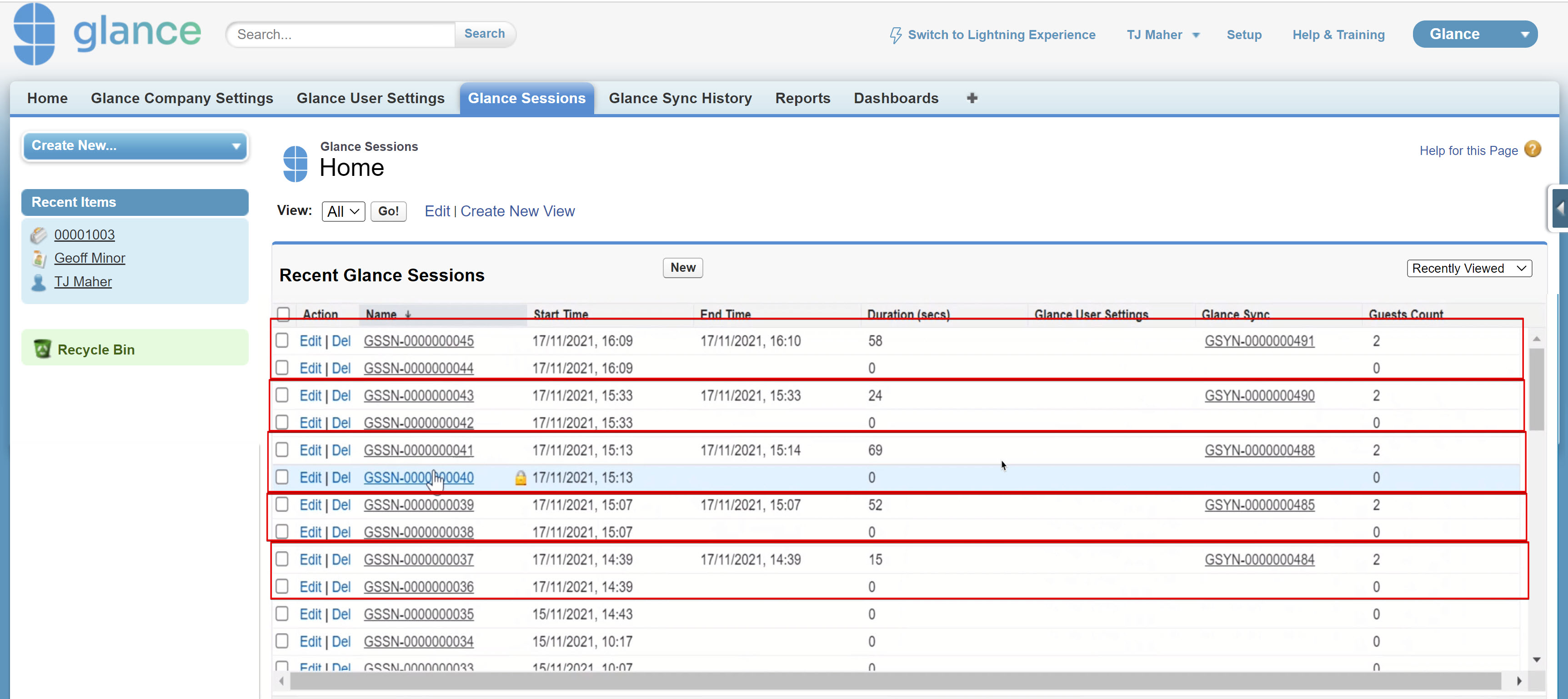 List of duplicate Glance Session records in Salesforce
