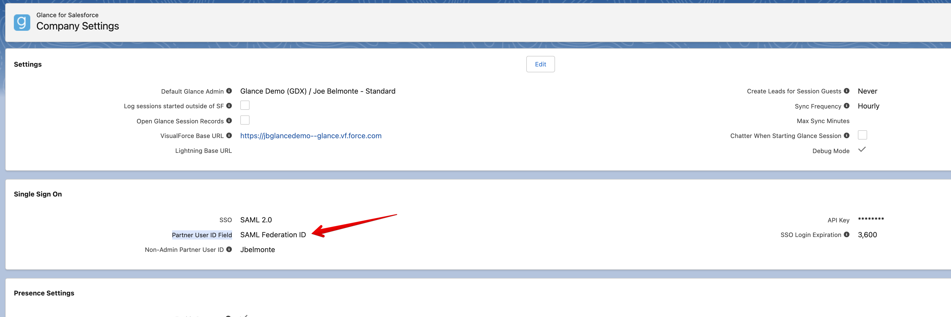 Salesforce Single Sign On settings showing Partner User ID Field