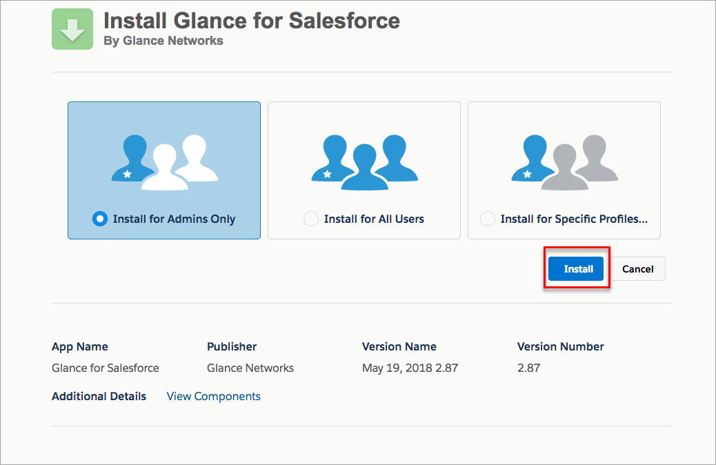 Install Glance for Salesforce Package screen