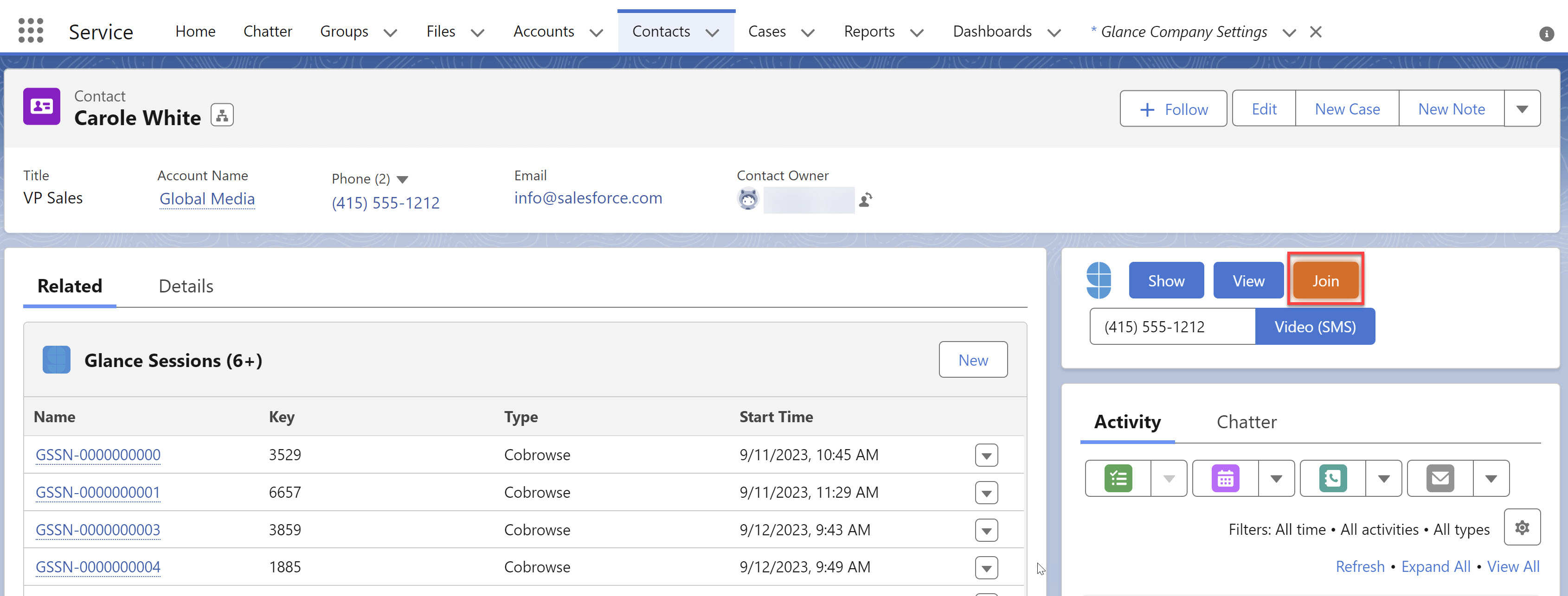 Salesforce Glance Join button highlighting orange for 1-Click Connect