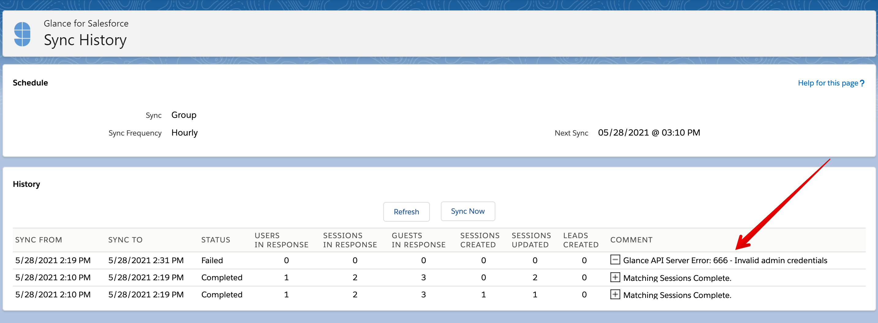 Glance sync history tab showing Glance API Server Error 666