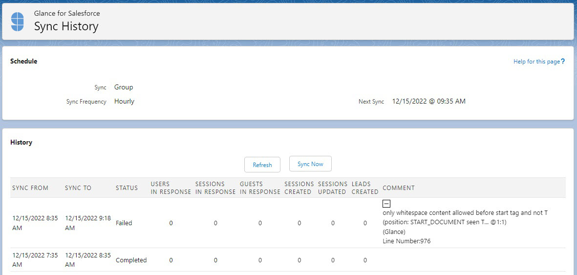 Glance sync history tab showing whitespace content error