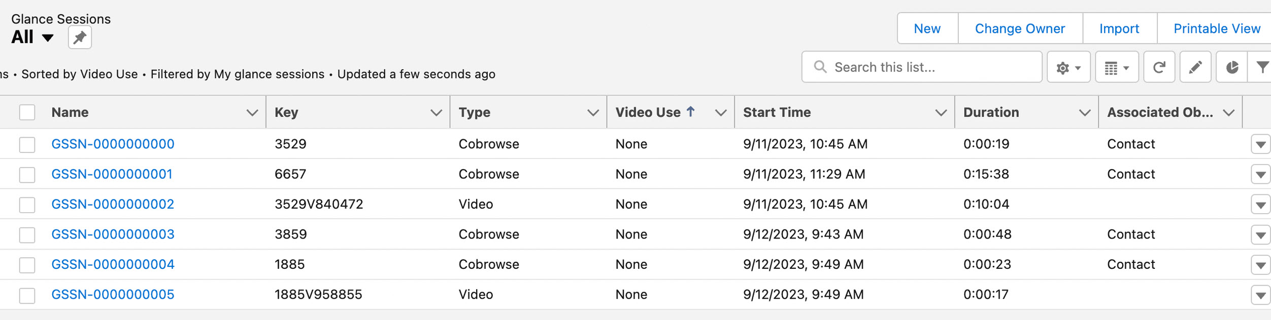 Salesforce Glance Sessions record details