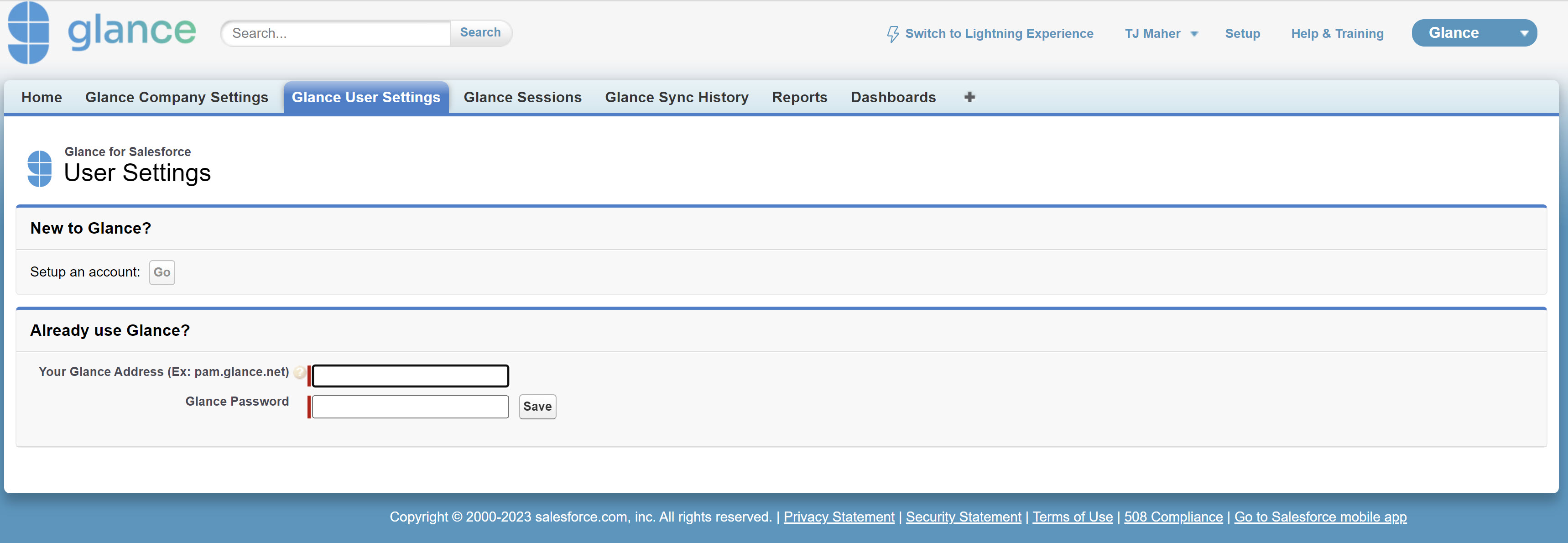 Glance Company Settings tab showing successful login