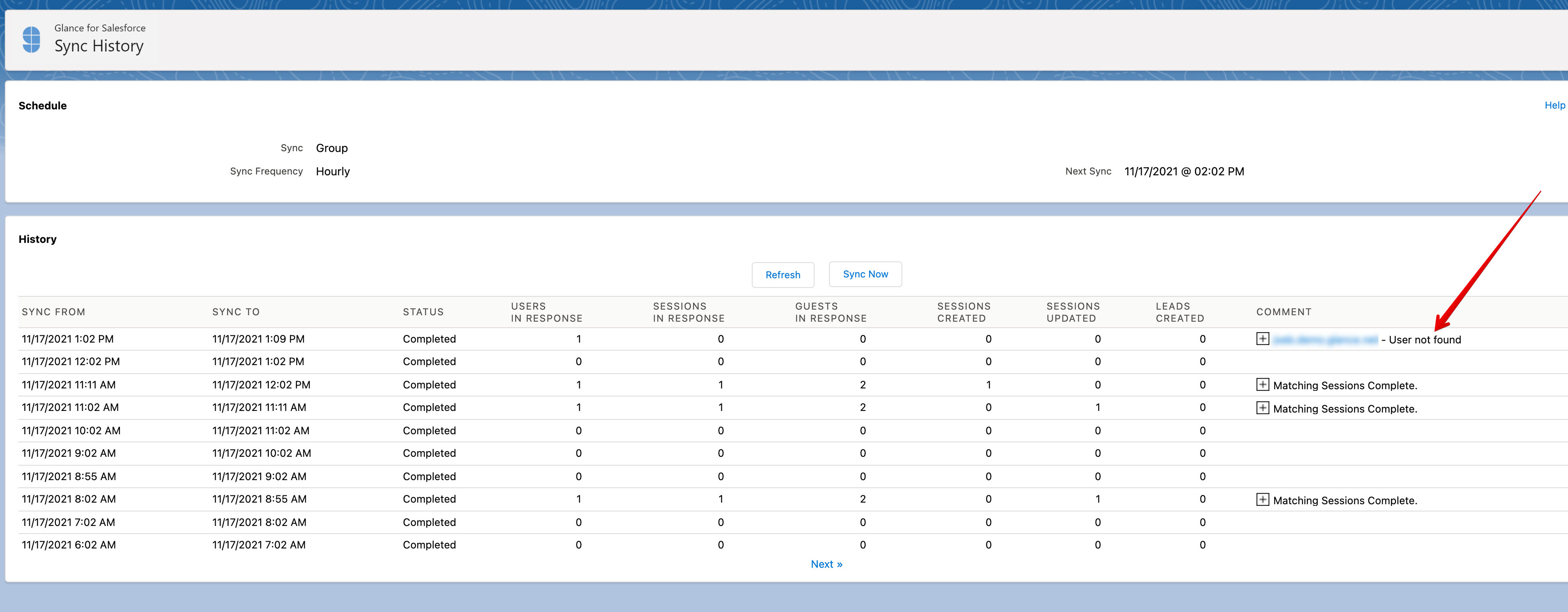 Sync History tab showing User not found comment