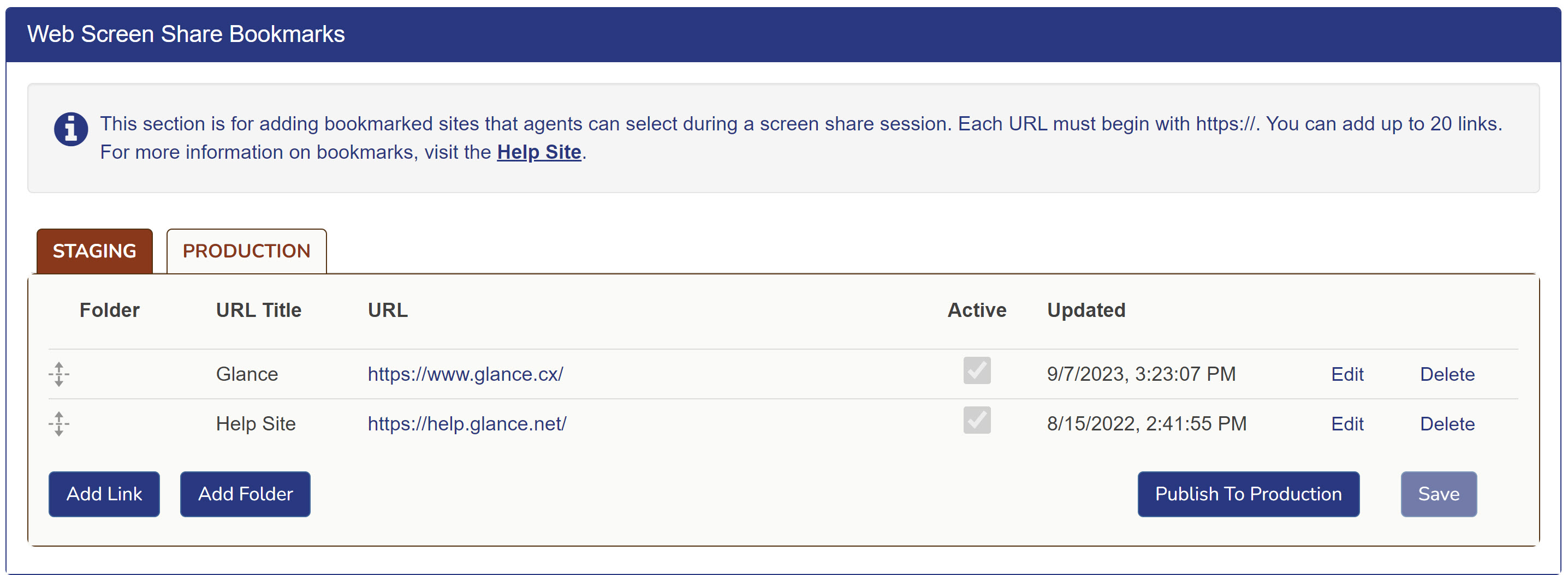 Web Screen Share Bookmarks settings