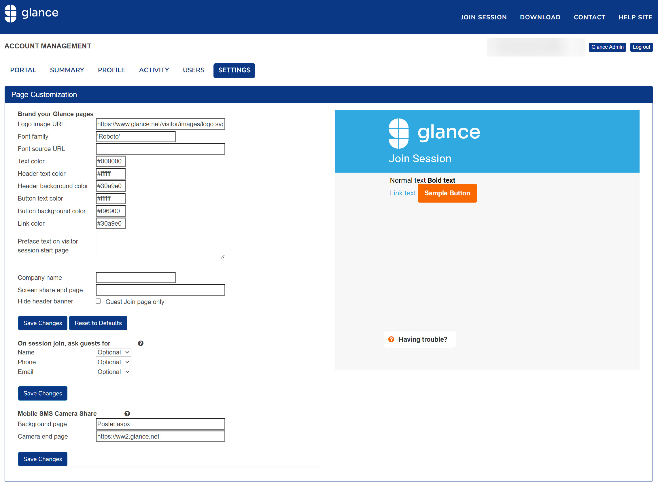 Page customization editor preview