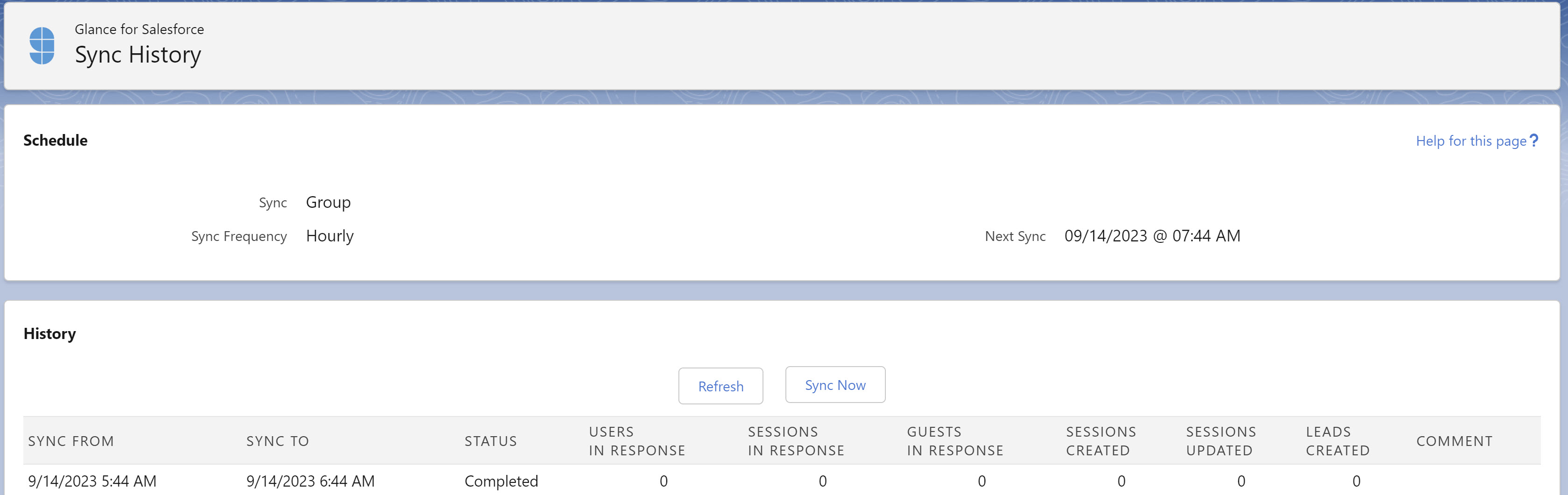 Glance Sync History tab in Salesforce