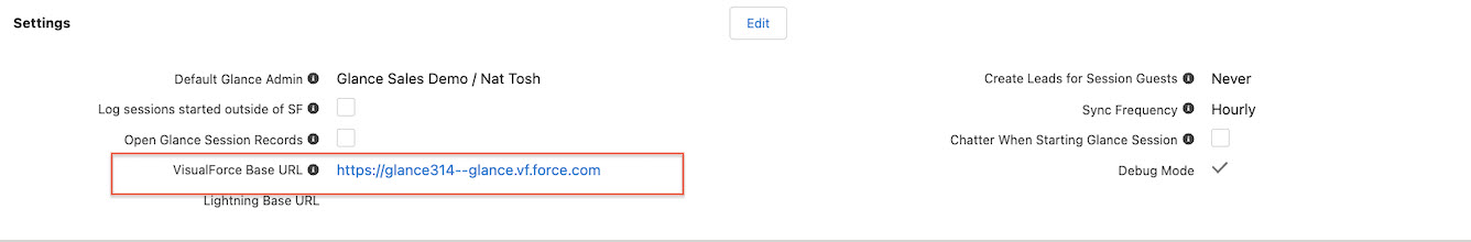 Paste VisualForce URL into Glance Company Settings